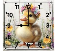 Geroclonup Duck and Flower Wall Clock Silent Non Ticking Wall Clock Decorative Battery Operated Square Wall Clocks for Office Home Bathroom Kitchen Bedroom 25cm