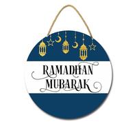Geroclonup Eid Mubarak Decoration Round Wooden Ramadan Kareem Door Sign Muslim Wood Door Hanging Sign Islam Mubarak Wood Wall for Home Room Ramadan Party Supplies 11inch