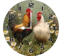 Geroclonup Farm Chicken Wall Clock 25cm Wall Clocks Wooden Chicken Wall Decor Non Ticking Battery Operated Decorative Round Clock for Home Kitchen Living Room