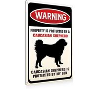 Geroclonup Funny Dog Warning Metal Tin Signs Wall Art Decor Property is Protected By a Caucasian Shepherd Sign for Home Decor Gifts to Indoor and Outdoor Use - Dog Metal Sign 20x30cm
