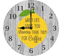 Geroclonup Funny Kitchen Coffee Wooden Wall Clock Lemon Wall Decor, When Life Gives You Lemons Trade Them for Coffee, 25x25 CM Coffee Bar Clock Battery Operated Silent Non Ticking