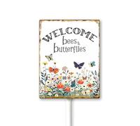 Geroclonup Garden Signs Welcome Bees And Butterflies Sign with Stake Outdoor Aluminum Yard Sign Rustproof Aluminum Metal Sign Fade Resistant Lawn Decoration for Outdoor 7x8.8inch
