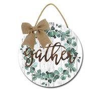 Geroclonup Gather Sign Gather Wall Art Farmhosue Gather Door Sign 28cm Round Wood Eucalyptus Leaf Wreath Wall Hanging Plaque Sign for Home Holiday Kitchen Decor