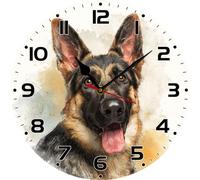 Geroclonup German Shepherd Wall Clock 25cm Silent Non-Ticking Battery Operated Quartz Round Wooden Wall Clock Decorative for Kitchen Bedroom Living Room Home Decor