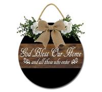 Geroclonup God Bless Our Home Sign for Front Door Funny Wreaths Hanging Wooden Plaque Decoration Round Rustic Wood Farmhouse Porch Decor for Home Front Door Decor 30cm