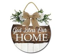 Geroclonup God Bless Our Home Sign for Front Door Porch Sign Farmhouse Wreath Wall Decor 30cm Rustic Round Wood Hanging Sign for Home Decor Outdoor Indoor Housewarming