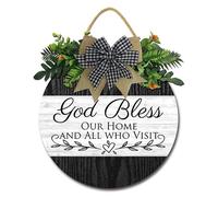Geroclonup God Bless Our Home Wood Sign Welcome Wreath Hanging Sign Front Door Decor Rustic Farmhouse Wood Sign for Holiday Home Porch Window Door Decoration 30cm
