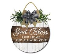 Geroclonup God Bless This Home and All Who Enter Sign for Front Door Funny Wreaths Hanging Wooden Plaque Decoration Round Rustic Wood Farmhouse Porch Decor for Home Front Door Decor 30cm