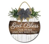 Geroclonup God Bless This Home and All Who Enter Sign for Front Door Funny Wreaths Hanging Wooden Plaque Decoration Round Rustic Wood Farmhouse Porch Decor for Home Front Door Decor 28cm