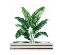 Geroclonup Green Leaves Coasters Square Absorbent Coaster Set of 4 | 10cm Tropical Plants Pattern Ceramic Absorbent Square Table Mat with Cork Base and Metal Holder Gift for Home Decor