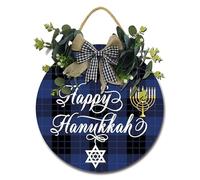 Geroclonup Hanukkah Decor 30cm Happy Hanukkah Wooden Door Sign - Plaid Chanukah Decorations for Home Outdoor Indoor - Jewish Gifts for Front Door