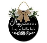 Geroclonup Happiness is A Long Hot Bubble Bath Sign Funny Bathroom Signs Bathroom Wall Art Round Wood Farmhouse Bathroom Decor Hanging Signs for Bathroom Laundry 28cm