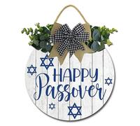 Geroclonup Happy Passover Door Sign Passover Decoration Matzo Star of David Signs Decor 30cm Round Wood Passover Wreaths Welcome Signs for Farmhouse Front Porch Decor