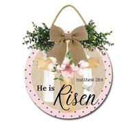 Geroclonup He is Risen Door Sign Easter Wreath for Front Door Decor Religious Easter Door Decorations Easter Cross Hanger Signs for Home Porch Wall Spring Decorations Party Supplies 30cm