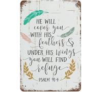 Geroclonup He Will Cover You with His Feathers And Under His Wings Metal Sign Inspirational Bible Verse Metal Plate Vintage Christian Religious Faith Tin Signs Wall Art Bible Verse Sign-20x30cm