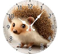 Geroclonup Hedgehog Wall Clock Battery Operated Non Ticking Silent Quartz Analog 25cm Wooden Farmhouse Round Clock Funny Decor for Home Kitchen Living Room Bathroom