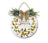 Geroclonup Hello Summer Butterflies Flying Front Door Sign Funny Wreaths Hanging Wooden Plaque Decoration Round Rustic Wood Farmhouse Porch Decor for Home Front Door Decor, 12 x 12 Inch