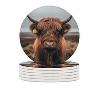 Geroclonup Highland Cow Coasters, Drink Coasters Set of 6 with Holder 10cm Round Absorbent Ceramic Cup Mats Tabletop Protection for Various Mugs, Home Decor, Housewarming Gift