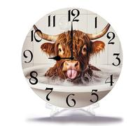 Geroclonup Highland Cow In Bathtub 25cm Silent Non-Ticking Round Wooden Wall Clocks Battery Operated Quartz Analog Handing Clock for Bedroom Bathroom Kitchen Kids Living Room Decor
