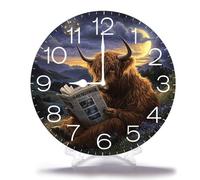 Geroclonup Highland Cow Reading 25cm Silent Non-Ticking Round Wooden Wall Clocks Battery Operated Quartz Analog Handing Clock for Bedroom Bathroom Kitchen Kids Living Room Decor