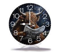 Geroclonup Highland Cow Reading 25cm Silent Non-Ticking Round Wooden Wall Clocks Battery Operated Quartz Analog Handing Clock for Bedroom Bathroom Kitchen Kids Living Room Decor