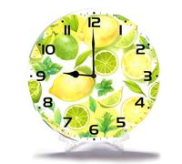 Geroclonup Home Decor Watercolor Lime Lemon And Mint On White Round Wall Clock Silent Non-Ticking Battery Operated Clock 25cm Home Decor for Living Room, Bathroom, Bedroom, Kitchen