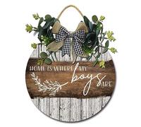 Geroclonup Home Is Where My Boys Are Wall Decor 30x30cm Rustic Round Wooden Farmhouse Wreath Hanging Decor for Wall Living Room Bedroom