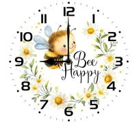 Geroclonup Honey Bees Bee Happy Wall Wall Clock 25cm Round Silent Non Ticking Wood Clocks Battery Operated Wall Clock for Bedroom Kitchen Living Room Bathroom