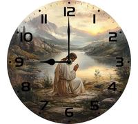 Geroclonup Jesus Christian Prayer Wall Clock 25cm Round Silent Non Ticking Wood Clocks Battery Operated Wall Clock for Bedroom Kitchen Living Room Bathroom