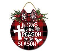 Geroclonup Jesus is the Reason for the Season Door Signs Wooden Religious Christmas Sign for Front Door Christmas Wreaths Door Hanger Buffalo Plaid Wreath Christmas Decorations for Home 28cm