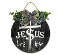 Geroclonup Jesus Lives Here Front Door Sign Religious Faith Cross Farmhouse Wood Door Hanger Outdoor Outside Decor Rustic Wooden Wreath Indoor Wall Hanging Decoration for Christian 28cm
