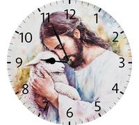 Geroclonup Jesus Wall Decor Jesus and Lamb Wall Clock Vintage Wooden Battery Operated Non Ticking 25cm Clock Silent Art Rustic Wood Clock for Home Bedroom Kitchen Office