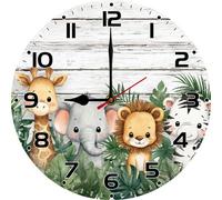 Geroclonup Jungle Animals Wall Clock 25cm Round Wooden Battery Operated Cute Animals Clock Silent Non-Ticking Wall Decor for Farmhouse Home Living Room Bedroom Baby Room Nursery Decor