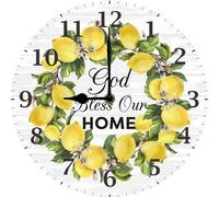 Geroclonup Kitchen Lemon Wall Clock God Bless Our Home With Lemon Print Wooden Clock Wall Hanging Perfect Kitchen Dinning Room Decoration 25x25 CM Silent Non-Ticking Battery Operated