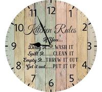 Geroclonup Kitchen Rules Wall Decor Kitchen Wall Clock Vintage Wooden Battery Operated Non Ticking 25cm Clock Silent Art Rustic Wood Clock for Home Bedroom Kitchen Office