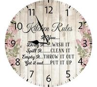 Geroclonup Kitchen Rules Wall Sign Kitchen Wall Clock Vintage Wooden Battery Operated Non Ticking 25cm Clock Silent Art Rustic Wood Clock for Home Bedroom Kitchen Office