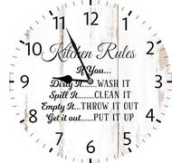 Geroclonup Kitchen Rules Wood Sign Kitchen Wall Clock Vintage Wooden Battery Operated Non Ticking 25cm Clock Silent Art Rustic Wood Clock for Home Bedroom Kitchen Office