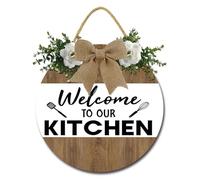 Geroclonup Kitchen Sign Welcome to Our Kitchen Sign Rustic Wooden Kitchen Sign Wood Home Sign Kitchen Art Wall Decor Sign with Wreath for Home Kitchen Dining Living Room Bar Cafe Decor 30cm