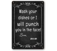 Geroclonup Kitchen Signs Wall Decor Funny Metal Tin Sign Wash Your Dishes Or I Will Punch You In The Face Love Mom Coffee Bar Signs Decor House Rules Wall Decor Clean Your Dishes Sign Size: 20x30cm