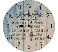 Geroclonup Kitchen Wall Clock Kitchen Rules Wall Clock Farmhouse Wood Wall Clocks Battery Operated 25cm Analog Wall Clock Silent Wall Clock for Living Room Bedroom Office Decor