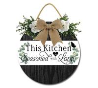 Geroclonup Kitchen Wall Decor This Kitchen is Seasoned with Love Sign Rustic Wood Signs Dinning Room Wall Decor Eucalyptus Wreaths Hanging Sign for Home 30cm