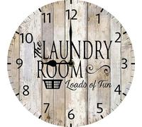 Geroclonup Laundry Room Wall Sign Laundry Room Wall Clock Vintage Wooden Battery Operated Non Ticking 25cm Clock Silent Art Rustic Wood Clock for Home Bedroom Kitchen Office