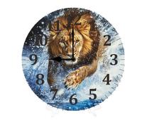 Geroclonup Lion 25cm Silent Non-Ticking Round Wooden Wall Clocks Battery Operated Quartz Analog Handing Clock for Bedroom Bathroom Kitchen Kids Living Room Decor