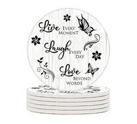 Geroclonup Live Laugh Love Coasters, Drink Coasters Set of 6 with Holder 10cm Round Absorbent Ceramic Cup Mats Tabletop Protection for Various Mugs, Home Decor, Housewarming Gift