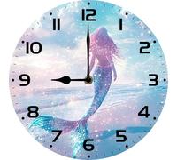 Geroclonup Mermaid Wall Clock 25cm Silent Non Ticking Battery Operated Clocks Farmhouse Round Wood Art for Living Room Bedroom Bathroom Office