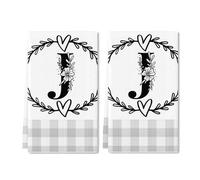 Geroclonup Monogram Kitchen Towels Letter J Kitchen Towels Farmhouse Dish Towels Grey Buffalo Plaid Check Dishcloth Funny Kitchen Hand Towel Last Name Initial Soft Tea Towel for Drying Gift Set of 2
