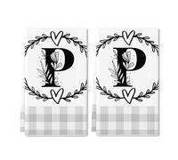 Geroclonup Monogram Kitchen Towels Letter P Kitchen Towels Farmhouse Dish Towels Grey Buffalo Plaid Check Dishcloth Funny Kitchen Hand Towel Last Name Initial Soft Tea Towel for Drying Gift Set of 2