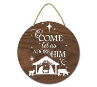 Geroclonup O Come Let Us Adore Him Sign for Front Door 28cm Round Wooden Christmas Welcome Wreaths Sign for Holiday Rustic Farmhouse Outdoor Wall Window Decor