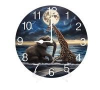 Geroclonup Ocean Giraffe Elephant 25cm Silent Non-Ticking Round Wooden Wall Clocks Battery Operated Quartz Analog Handing Clock for Bedroom Bathroom Kitchen Kids Living Room Decor