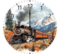 Geroclonup Old Train Wall Clock Vintage Wooden Battery Operated Non Ticking 25cm Clock Silent Art Rustic Wood Clock for Home Bedroom Kitchen Office